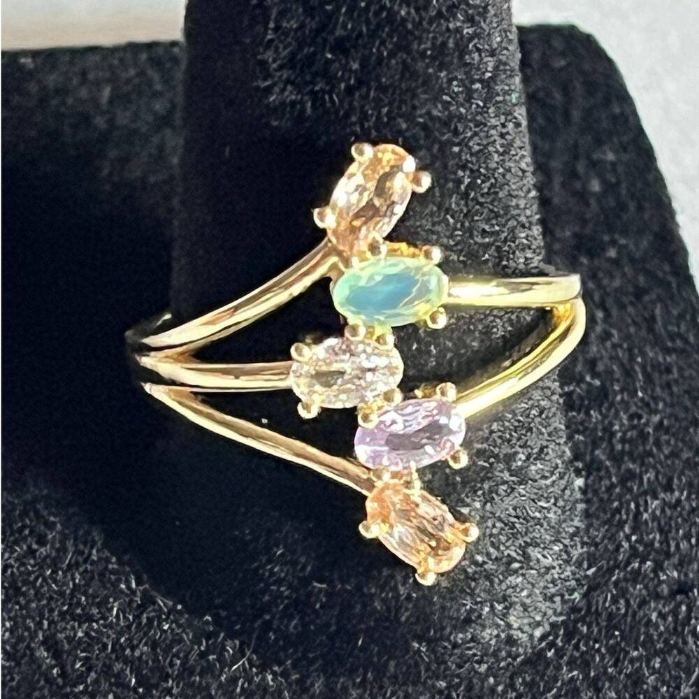 Multicolor Oval Stone Ring Yellow Gold Tone Pastel Statement Ring Size 9.5 NEW